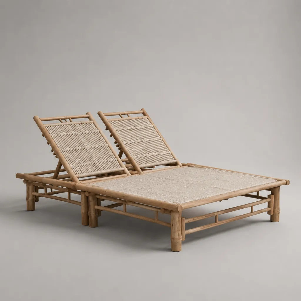 Doppelliege aus Bambus mit Polypropylen-Seilgeflecht, 2 verstellbare Rückenlehnen, Natur/Beige, 200 × 160 × 85 cm
