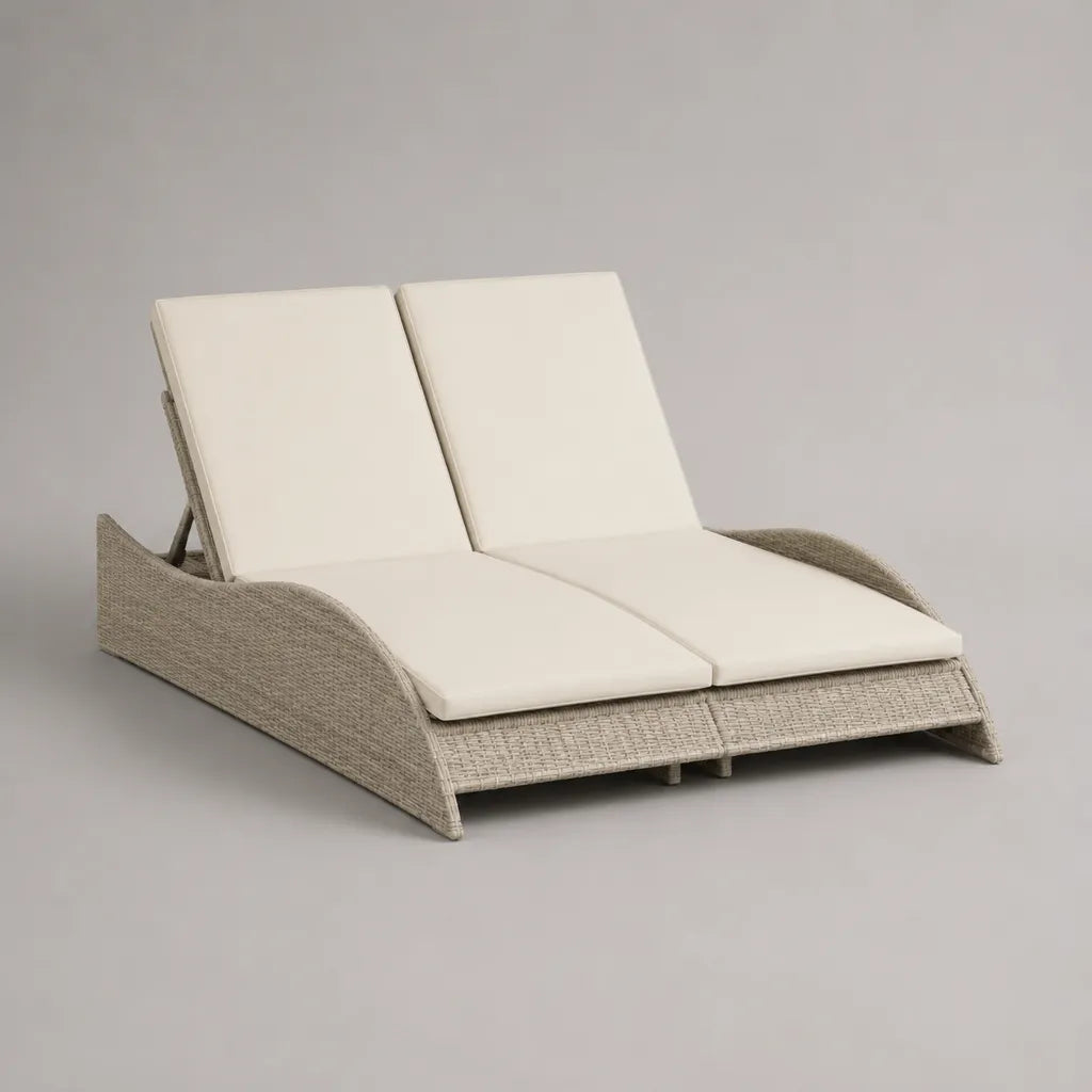 Garten-Doppelliege aus PE-Rattan und Stahl mit 2 verstellbaren Rückenlehnen, Beige und Creme, 200 × 140 × 33–88 cm