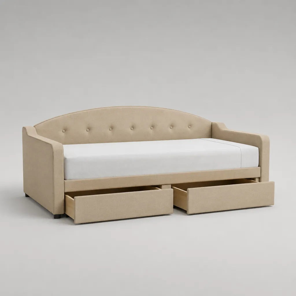 Tagesbett mit Stoffbezug und 2 Schubladen, Beige/Weiß, Liegefläche 90 x 200 cm, Gesamtmaß 218 x 100 x 92 cm