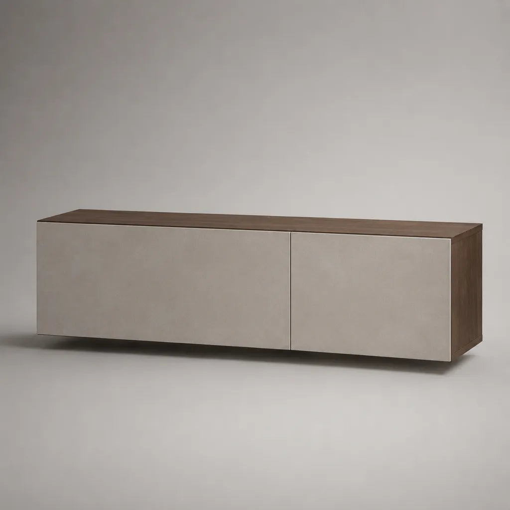 Wandhängendes TV-Lowboard aus MDF und Spanplatte mit 2 Türen, Walnussbraun und Greige, 160 × 40 × 55 cm