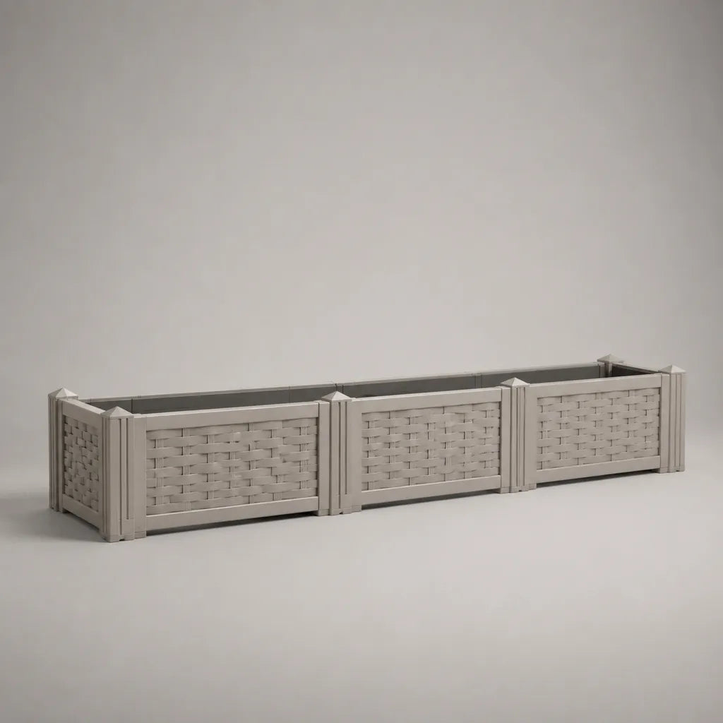 Rechteckiger Pflanzkasten aus Polypropylen mit Flechtstruktur, Hellgrau, 120 × 40 × 38 cm