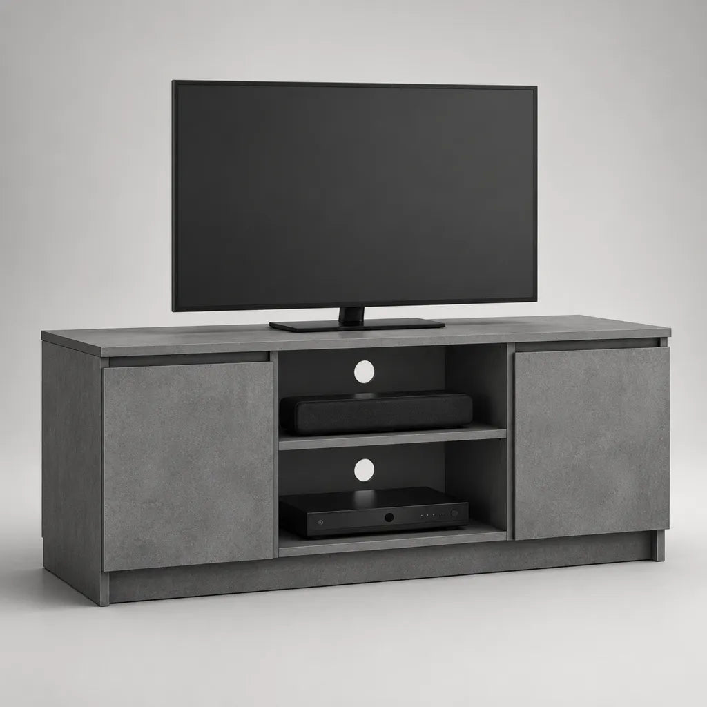 TV-Lowboard aus Spanplatte mit 2 Türen, 2 Gerätefächern und Kabelführung, Betongrau/Anthrazit, 140 × 40 × 60 cm