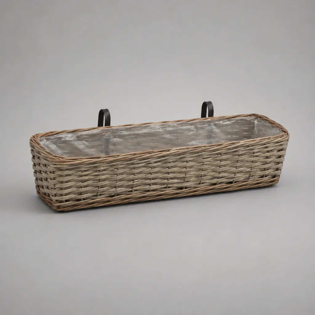 Balkonkasten zum Aufhängen aus Weidengeflecht mit PE-Einsatz, rechteckig, Naturgrau/Schwarz, 60 × 20 × 18 cm
