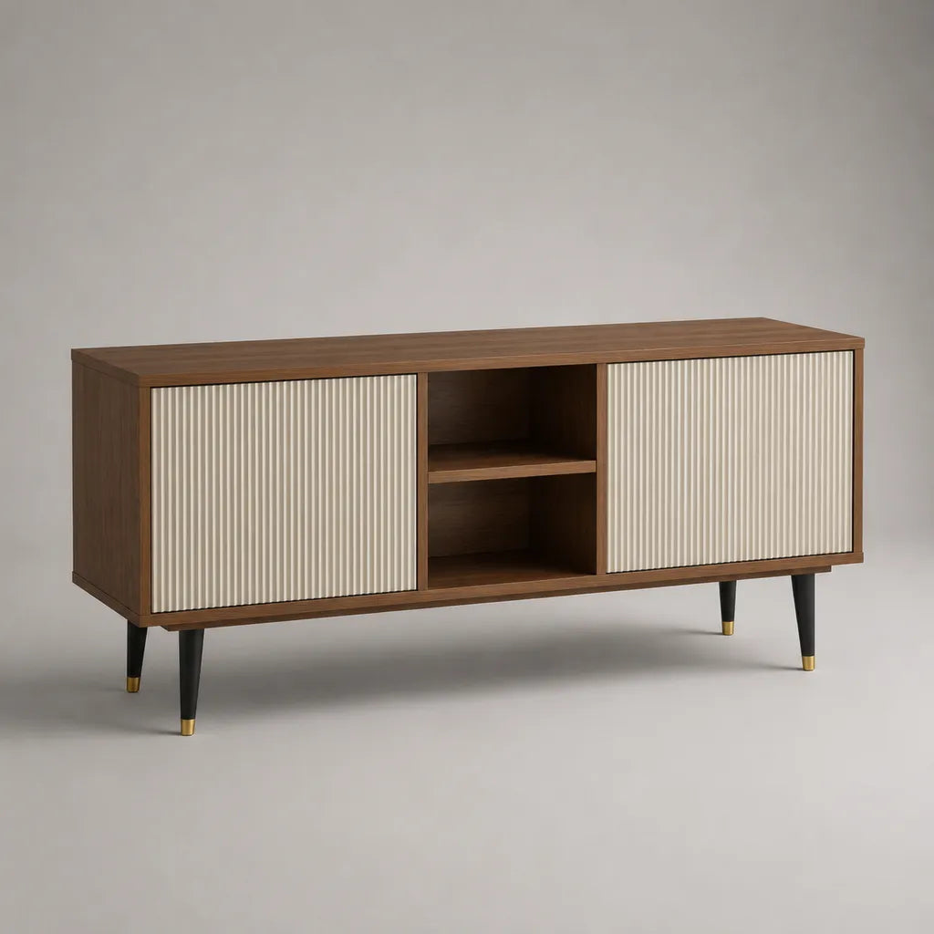 TV-Lowboard aus MDF und Spanplatte mit 2 Türen und 2 offenen Fächern, Walnussbraun und Creme, 160 × 40 × 75 cm