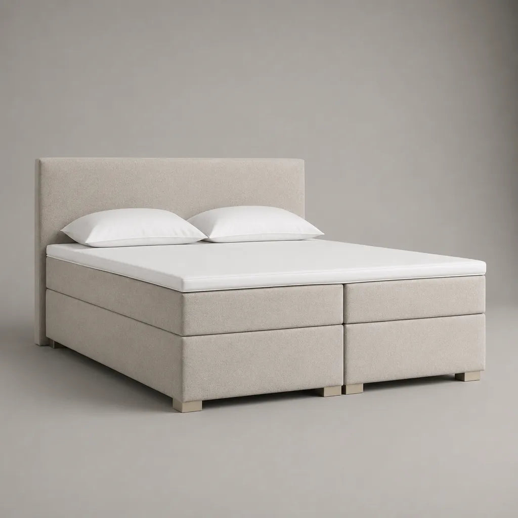 Boxspringbett Doppelbett mit Topper, Taschenfederkern und Stoffbezug, Beige/Weiß, Liegefläche 180 x 200 cm, Gesamtmaß 188 x 214 x 120 cm