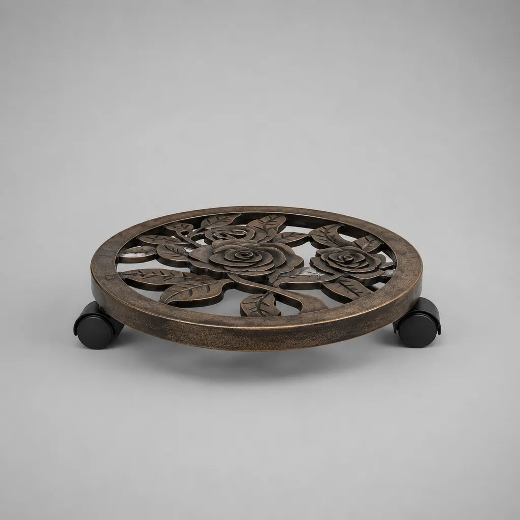 Runder Pflanzenroller aus Gusseisen, Bronze/Schwarz, Ø 30 × H 7 cm, mit 4 Rollen