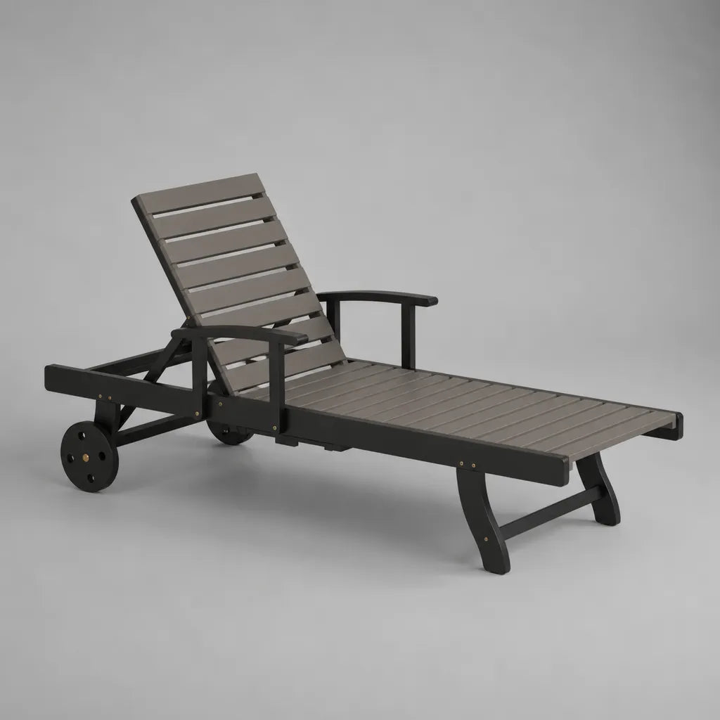 Gartenliege aus massivem Akazienholz mit Rollen, Armlehnen und verstellbarer Rückenlehne, Anthrazit/Grau, 200 × 67 × 85 cm