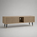 TV-Lowboard mit Lamellentüren aus MDF mit Eichenfurnier und Stahlbeinen, Eichefarben/Schwarz, 160 × 40 × 58 cm