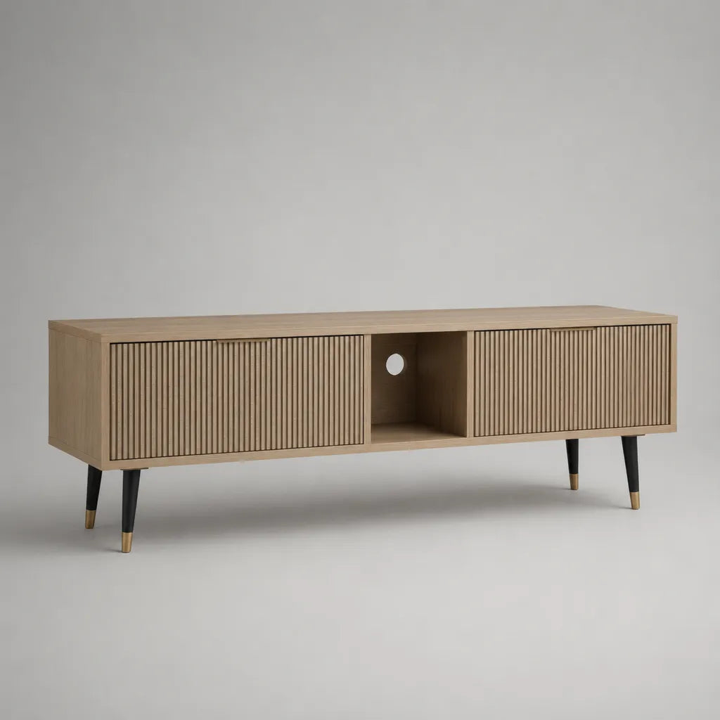 TV-Lowboard mit Lamellentüren aus MDF mit Eichenfurnier und Stahlbeinen, Eichefarben/Schwarz, 160 × 40 × 58 cm