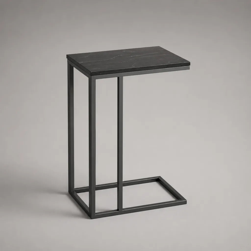 C-förmiger rechteckiger Beistelltisch aus Stahl und MDF, Schwarz mit grauer Maserung, 45 × 30 × 65 cm