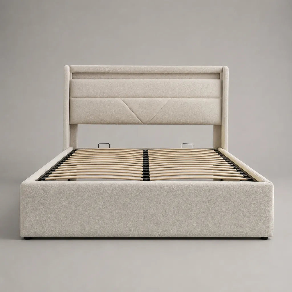 Stauraumbett Polsterbett mit Bettkasten und Lattenrost aus Polyester, Spanplatte und Stahl, Beige, Liegefläche 160 x 200 cm