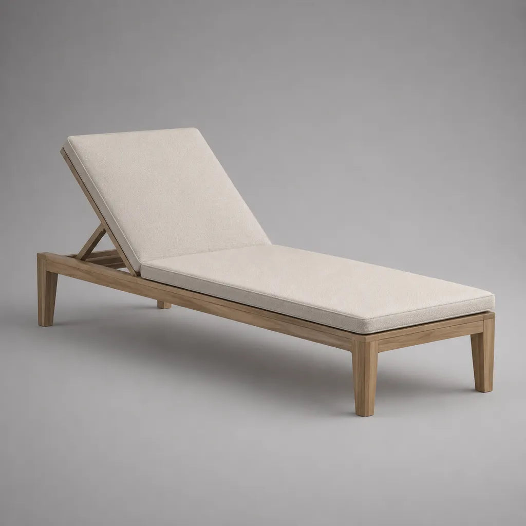Gartenliege aus Teak-Massivholz mit Polyesterauflage, verstellbare Rückenlehne, 200 x 70 x 85 cm, Natur/Cremeweiß