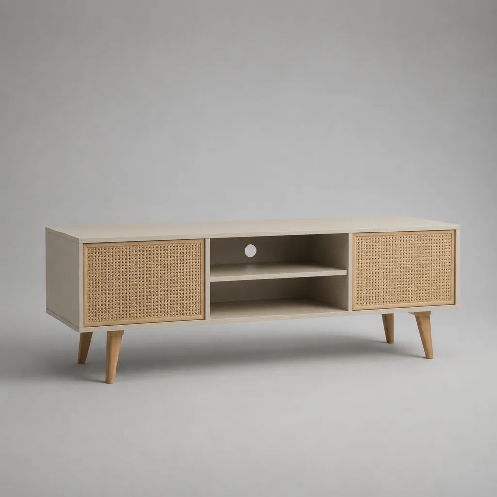 TV-Lowboard mit 2 Rattantüren aus MDF und Gummibaum-Massivholz, Beige/Natur, 140 × 40 × 58 cm