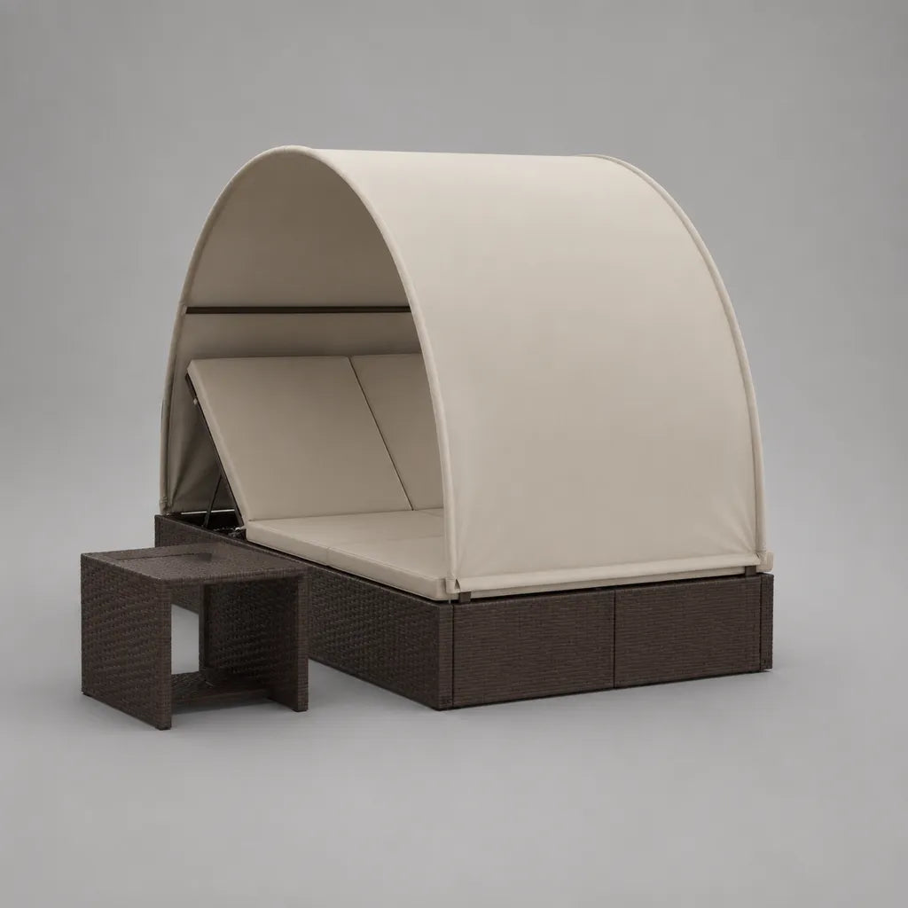 Gartenliegen-Set für 2 Personen mit Sonnendach und Beistelltisch, PE-Rattan, Stahl und Polyester, Braun und Creme, 194 × 132 × 160 cm