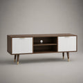 TV-Lowboard mit 2 Türen und 2 offenen Fächern, MDF, Walnussdekor, Braun und Weiß, 140 × 40 × 65 cm