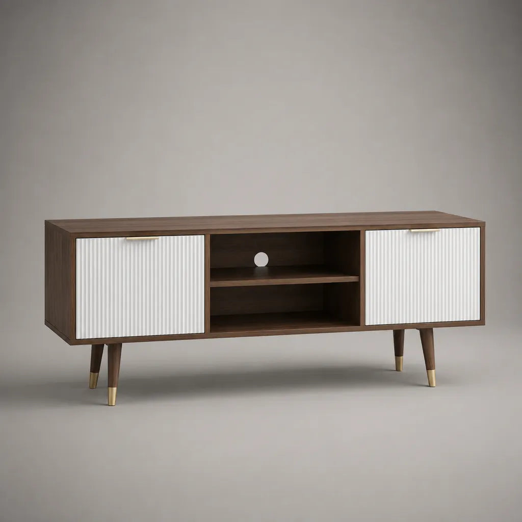 TV-Lowboard mit 2 Türen und 2 offenen Fächern, MDF, Walnussdekor, Braun und Weiß, 140 × 40 × 65 cm