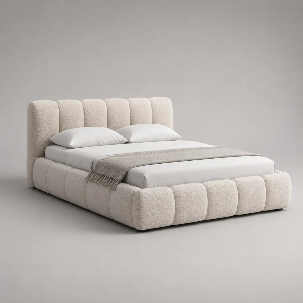 Stauraumbett 180 × 200 cm mit Bettkasten, Bouclé-Polyester-Polsterbett, Cremeweiß