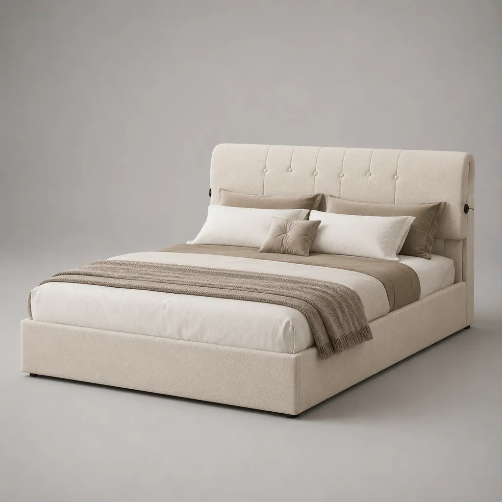 Stauraumbett 180 × 200 cm mit Bettkasten, gepolstertes Doppelbett aus Polyester-Bouclé, Cremeweiß